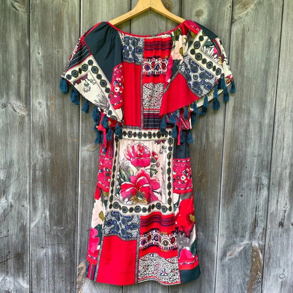 Vanessa Virginia Vintage-Inspired Red Floral Patchwork Dress Boho Summer Mini XS - Picture 4 of 15